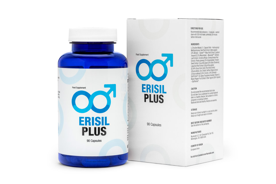 Erisil Plus 4 blue and white pill bottle with blue lettering and white box with blue letters.