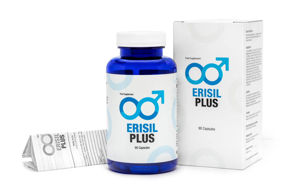 Erisil Plus 13 blue and white pill bottle with blue lettering, white box with blue lettering.