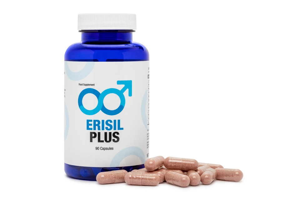 Erisil Plus 9 blue and white pill bottle with blue lettering and brown pills.