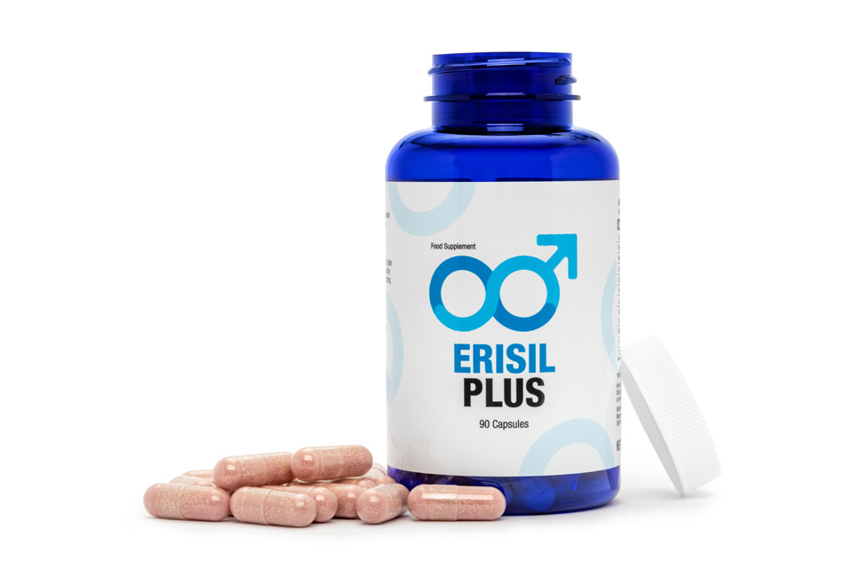 Erisil Plus 12 blue and white pill bottle with blue lettering and brown pills.
