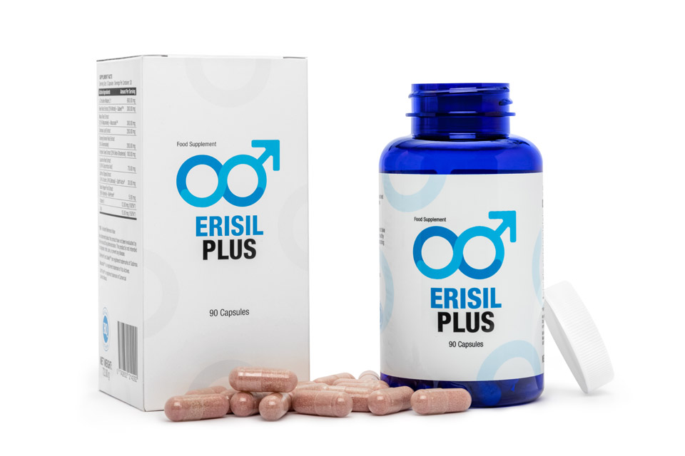 Erisil Plus 11 blue and white pill bottle with blue lettering, white box with blue lettering and brown pills.