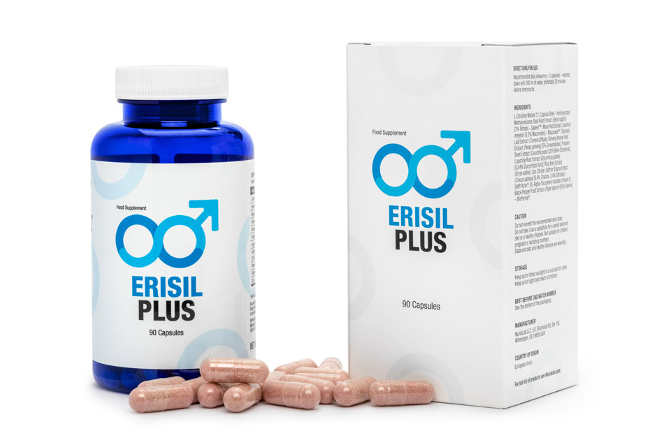Erisil Plus 10 blue and white pill bottle with blue lettering, white box with blue lettering and brown pills.