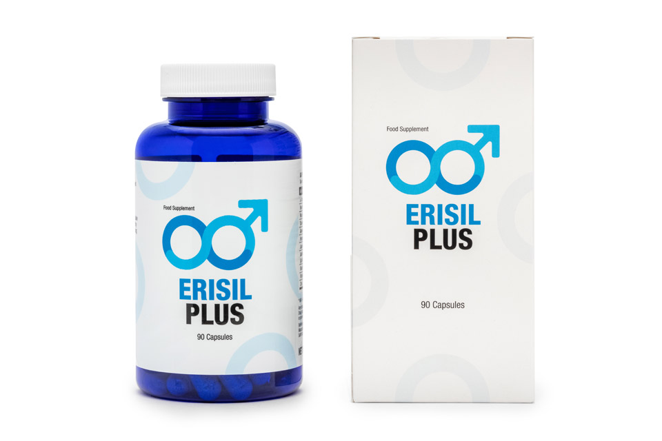 Erisil Plus 8 blue and white pill bottle with blue lettering and white box with blue lettering.