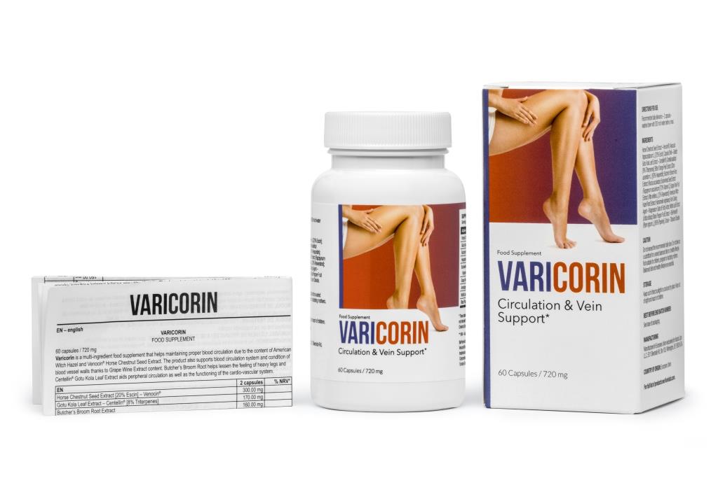Varicose Veins 5 box and bottle of pills with woman legs picture.