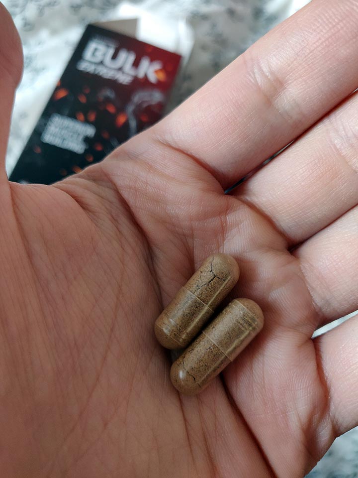Bulk Extreme 14 image of hand with two supplement capsules