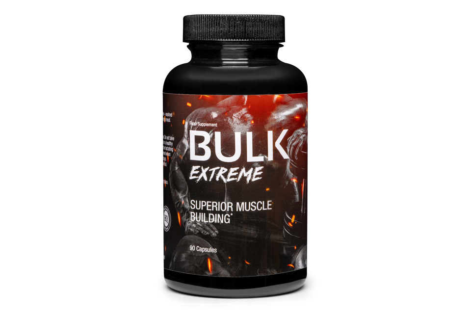 Bulk Extreme 8 Image of a red and black box with a photo of a supplement bottle and white letters