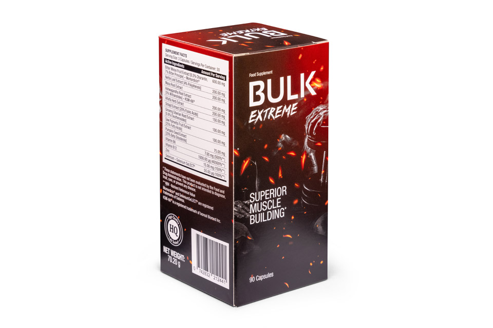 Bulk Extreme 2 Image of a red and black packaging with a photo of a supplement bottle and white letters