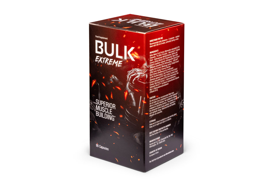 Bulk Extreme 4 Image of a red and black packaging with a photo of a supplement bottle and white letters