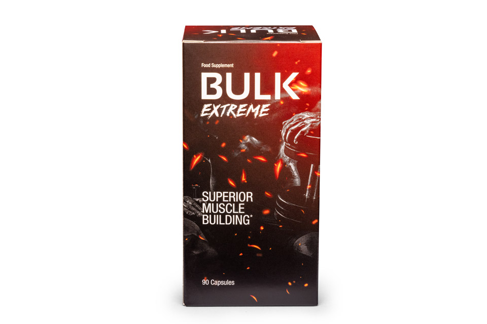Bulk Extreme 3 Image of a red and black packaging with a photo of a supplement bottle and white letters