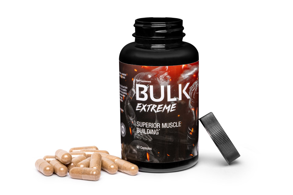 Bulk Extreme 6 Image of a red and black box with a photo of a supplement bottle and white letters