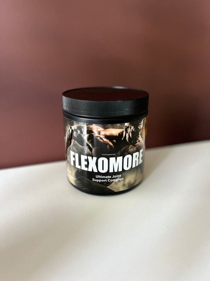 Flexomore 11 bottle with image a strong man running and white letter