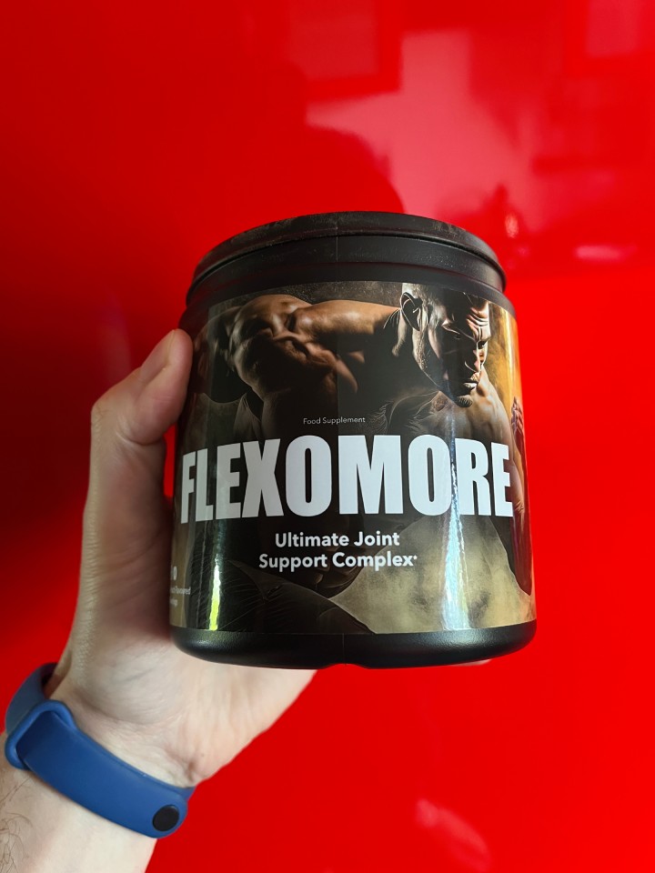 Flexomore 14 bottle with image a strong man running and white letter