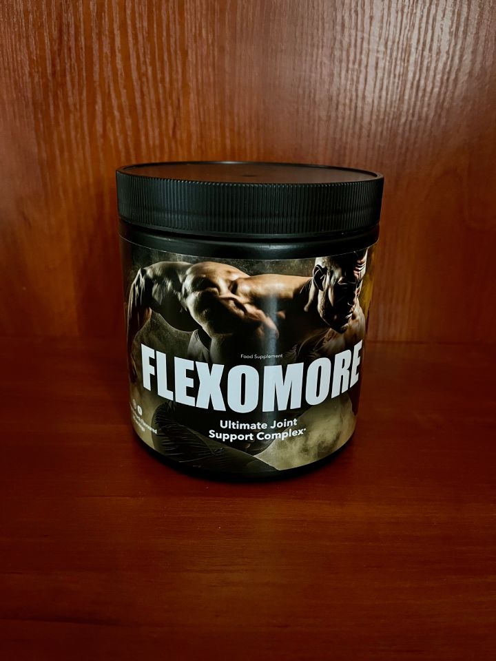 Flexomore 15 bottle with image a strong man running and white letter