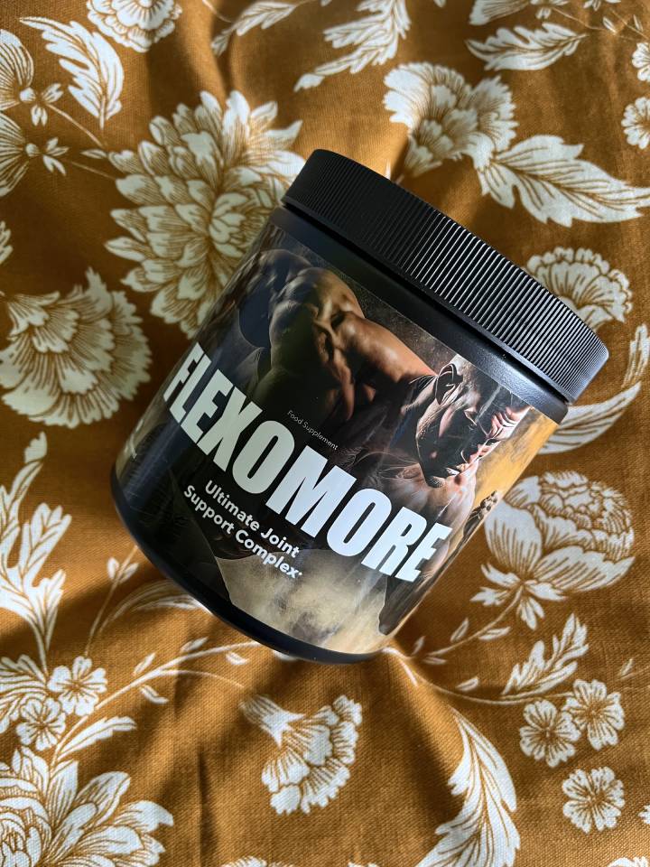 Flexomore 16 bottle with image a strong man running and white letter