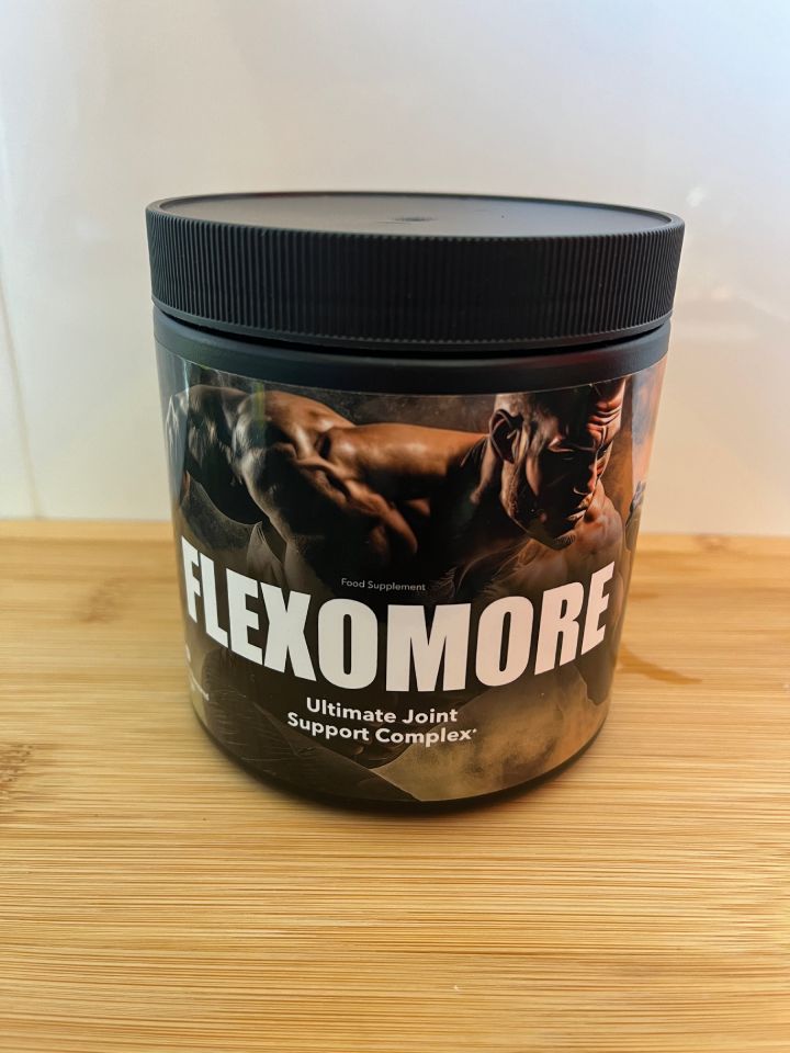 Flexomore 17 bottle with image a strong man running and white letter