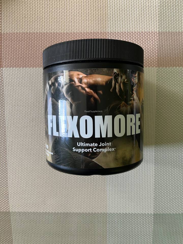 Flexomore 19 bottle with image a strong man running and white letter