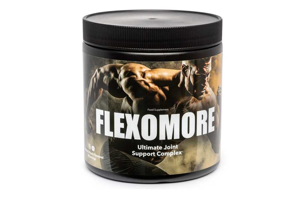 Flexomore 3 bottle with image a strong man running and white letter