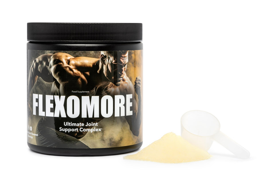 Flexomore 6 bottle with image a strong man running and white letter