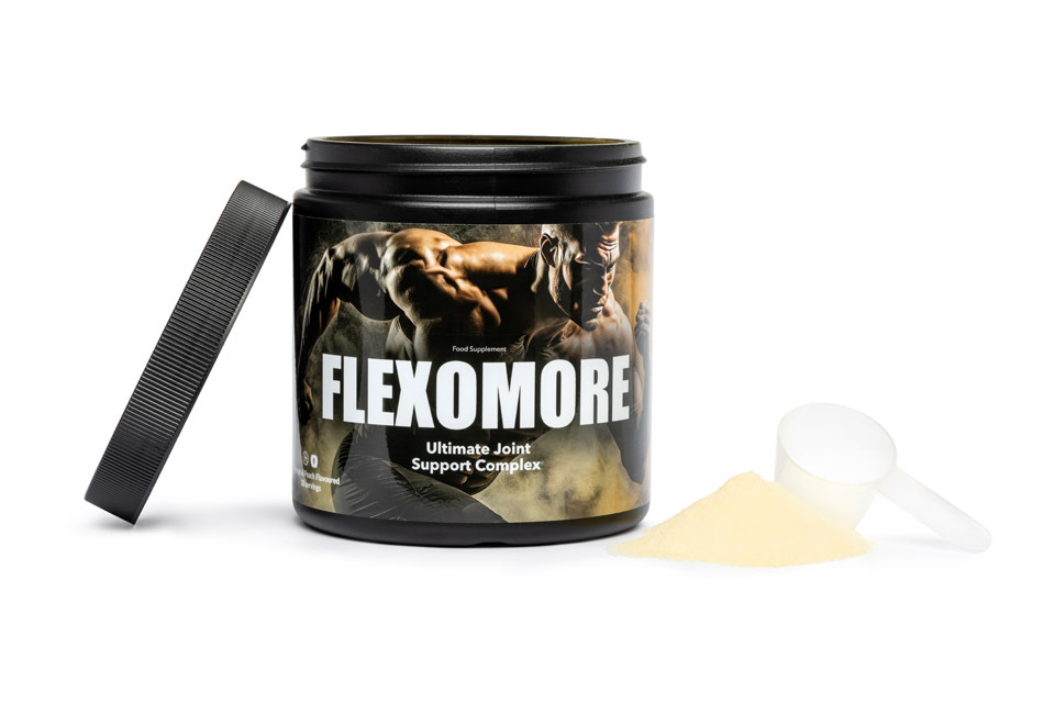 Flexomore 8 bottle with image a strong man running and white letter