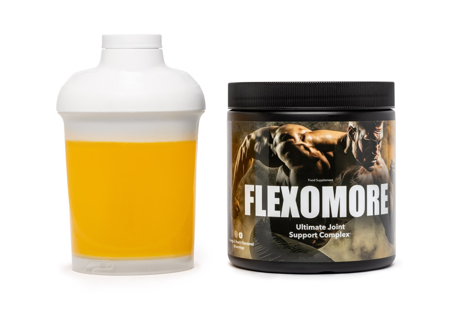 Flexomore 9 bottle with image a strong man running and white letter