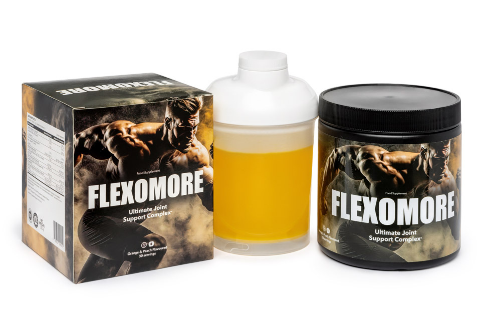 Flexomore 5 bottle with image a strong man running and white letter