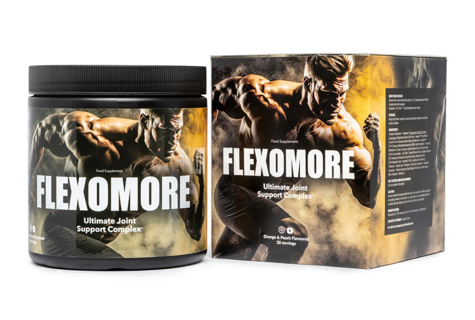 Flexomore 7 bottle with image a strong man running and white letter