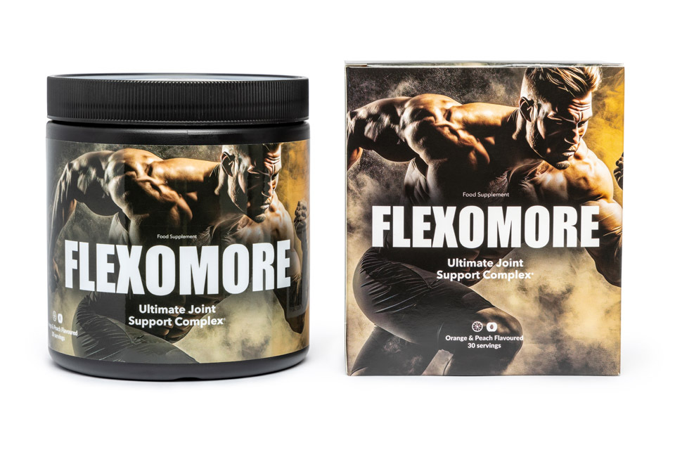 Flexomore 10 bottle with image a strong man running and white letter