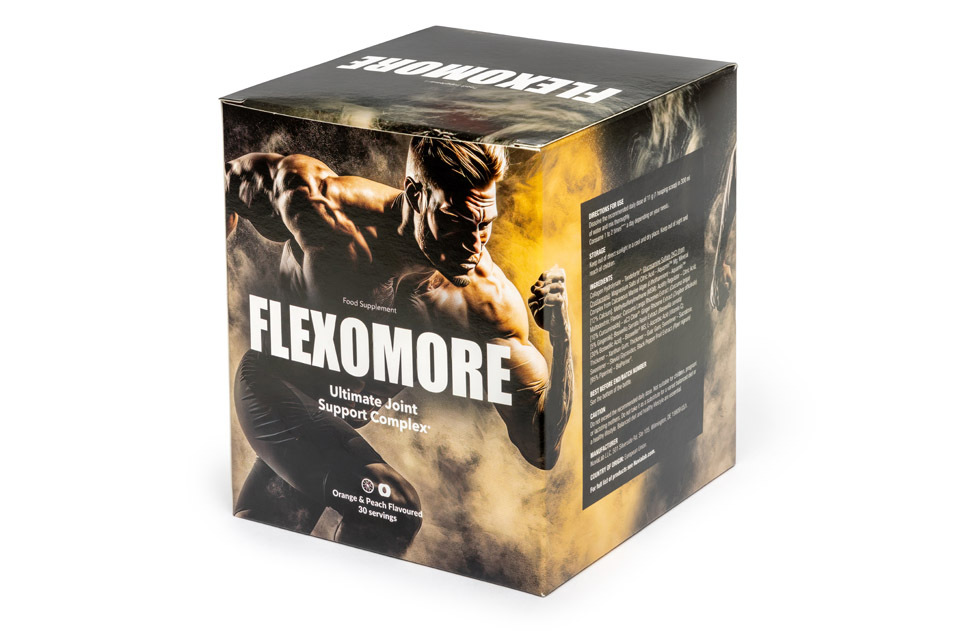 Flexomore 4 packaging with image a strong man running and white letter