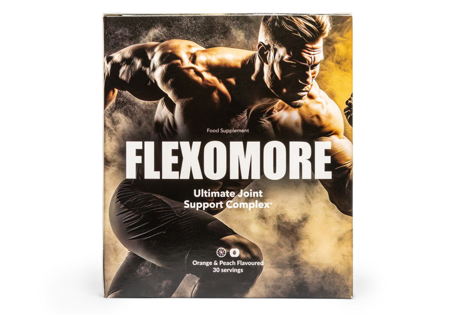 Flexomore 2 strong man running and white letter