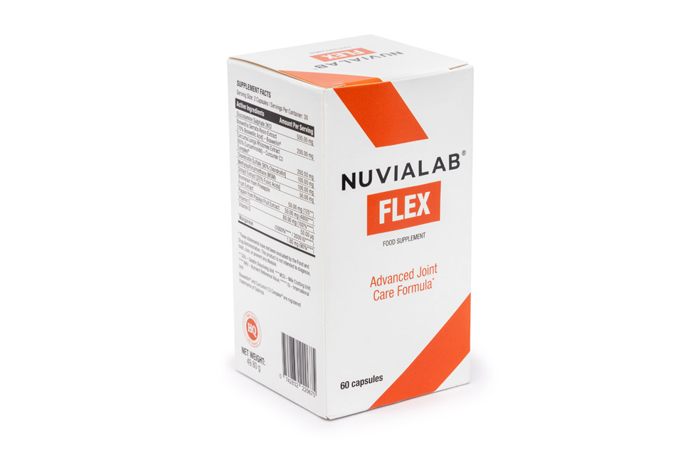 NuviaLab Flex 2 orange white medicine packaging and black letters