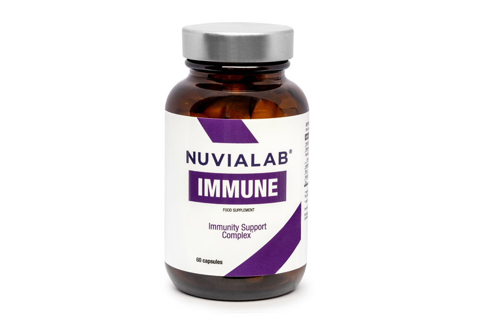 Immunological System 5 medicine bottle with white sticker and lilac letters
