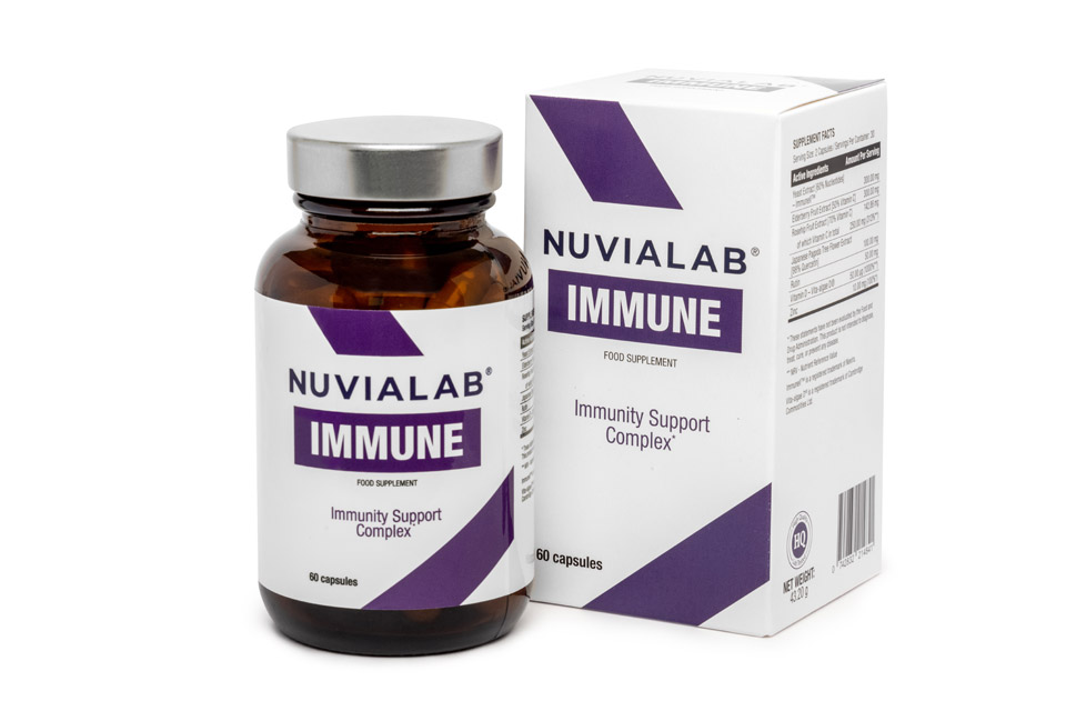 Immunological System 6 medicine bottle packaging with white sticker and lilac letters