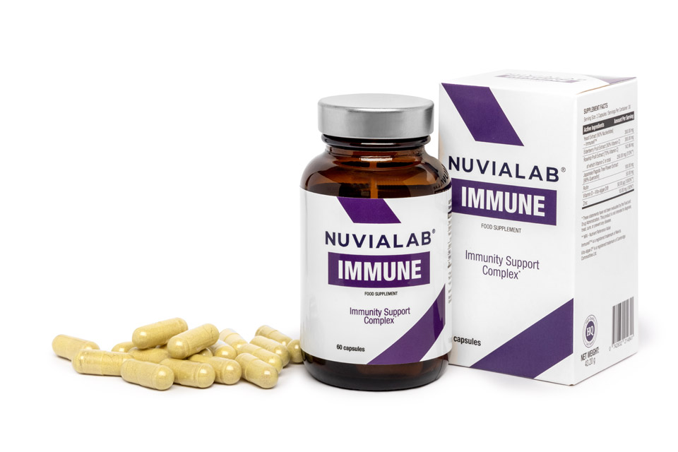 Immunological System 7 medicine bottle packaging with white sticker and lilac letters