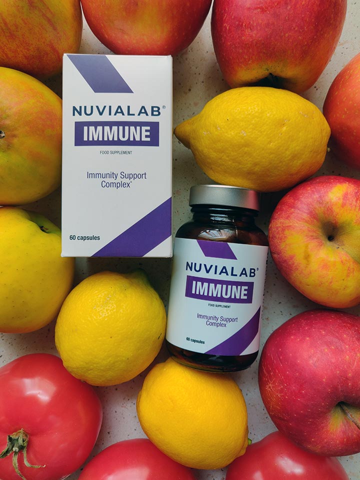 Immunological System 14 medicine bottle packaging with white sticker and lilac letters