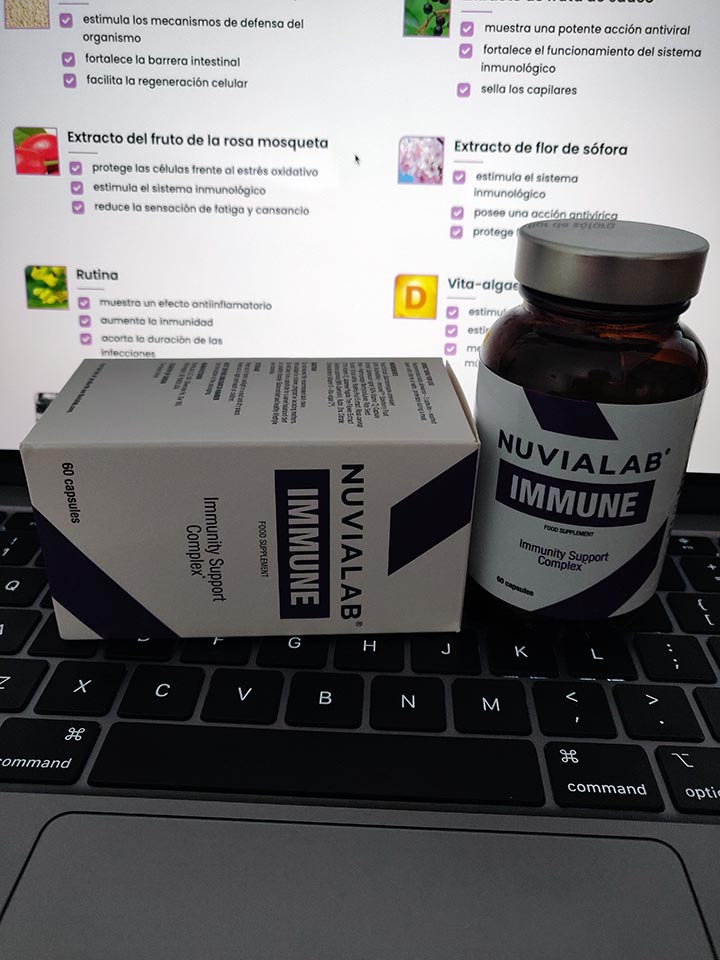 Immunological System 18 medicine bottle packaging with white sticker and lilac letters