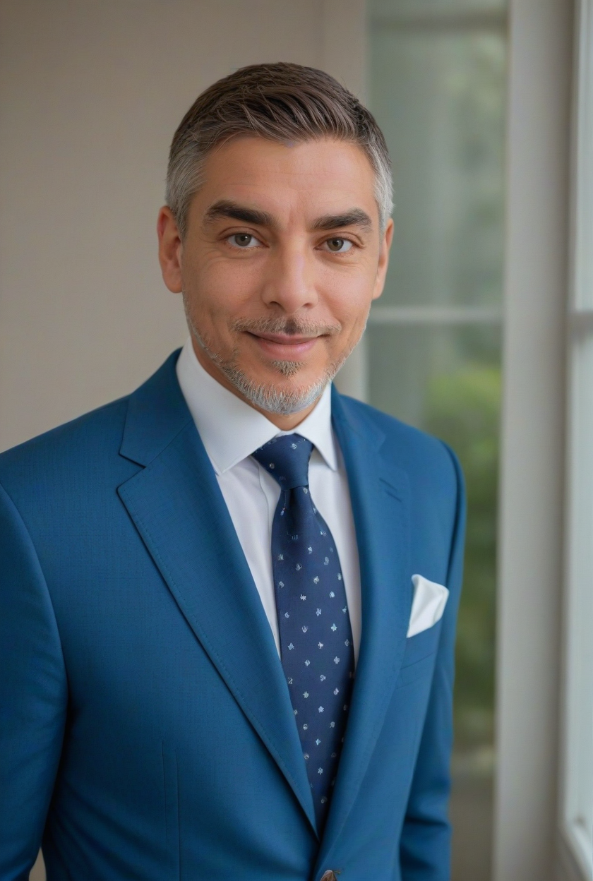 About Us 2 man with a pleasant smile with gray hair between 40 and 50 years old in the office dressed in a white shirt, suit and blue tie.