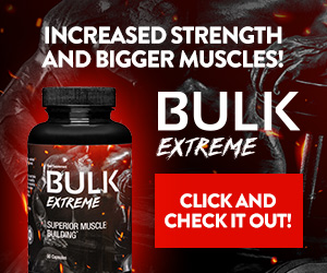 Bulk Extreme 1 Red and black image on a photo of a supplement bottle and white letters