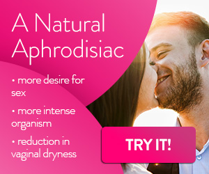 Female Libido 1 Image of a couple smiling and happy, white letters on a pink background