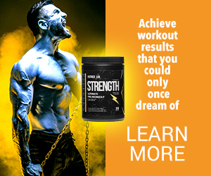 Nutrigo Lab Strength 1 Image of a sporty boy and a bottle of supplements with an orange and black background and white letters