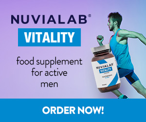 Sexual Vitality 6 a man in a blue shirt and a bottle of pill