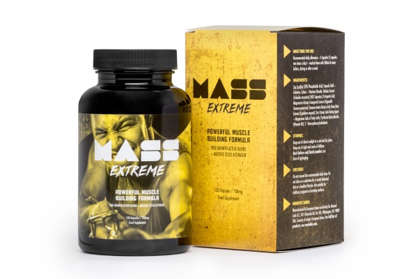 Mass Extreme 4 Yellow medicine packaging box with black letters and medicine bottle