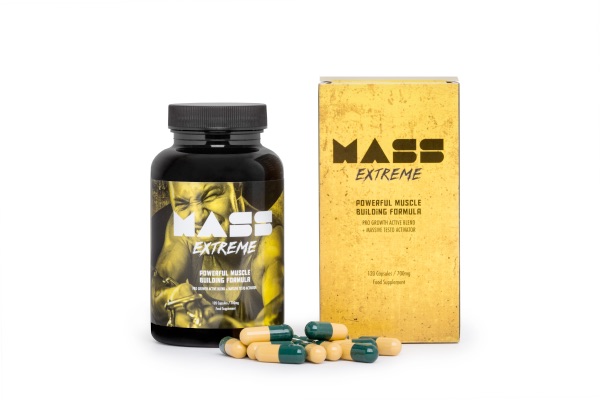 Mass Extreme 5 Yellow medicine packaging box with black letters and medicine bottle.