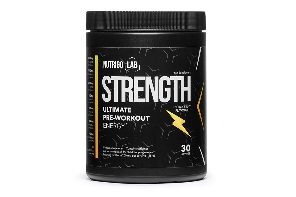 Nutrigo Lab Strength 3 image of a black supplement bottle with white letters