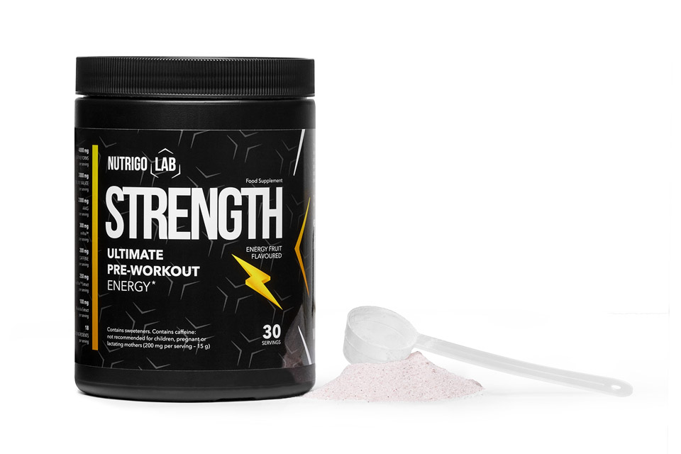 Nutrigo Lab Strength 2 image of a black supplement bottle with white letters