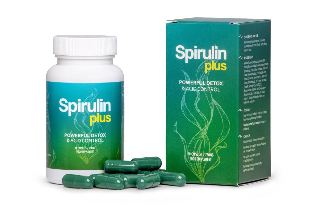 Spirulin Plus 4 bottle white green medicine packaging and white and yellow letters