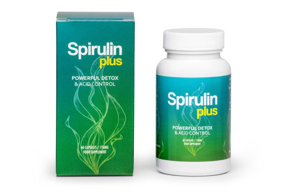 Spirulin Plus 5 bottle white green medicine packaging and white and yellow letters