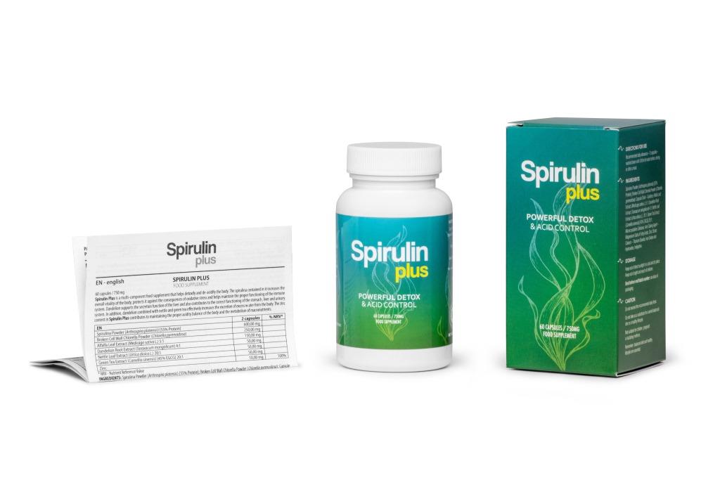 Spirulin Plus 7 bottle white green medicine packaging and white and yellow letters