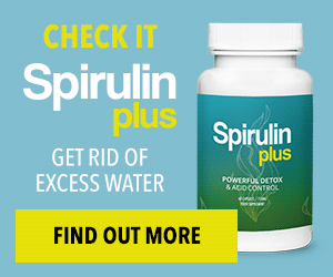 Spirulin Plus 1 Image with supplement packaging, matte blue background, and white, red, and black letters